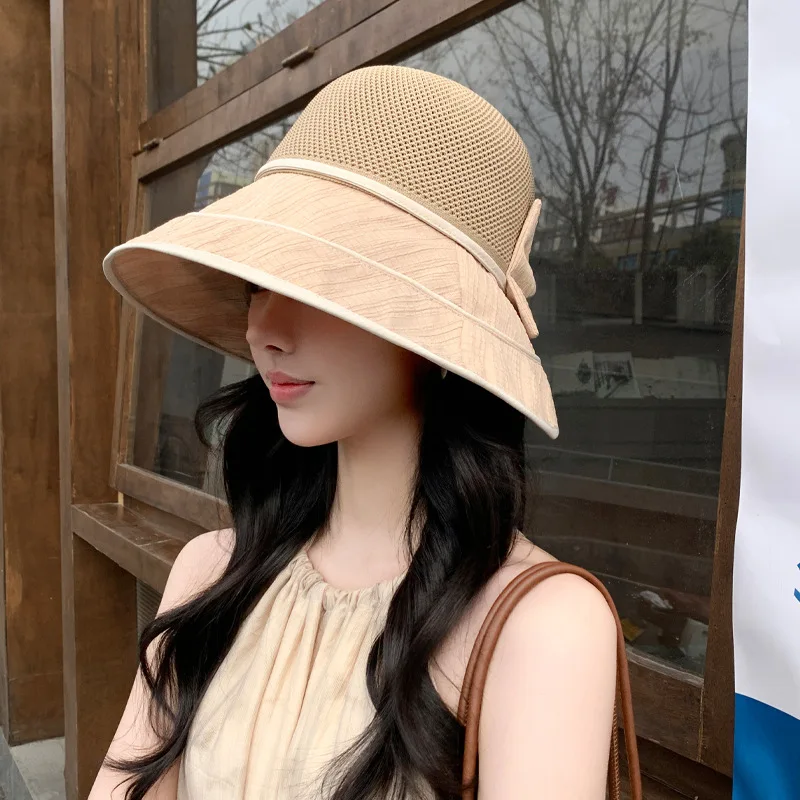 New Korean style women's hat in spring and autumn, knitted mesh bow fisherman hat, colorful rubber sunscreen hat in summer