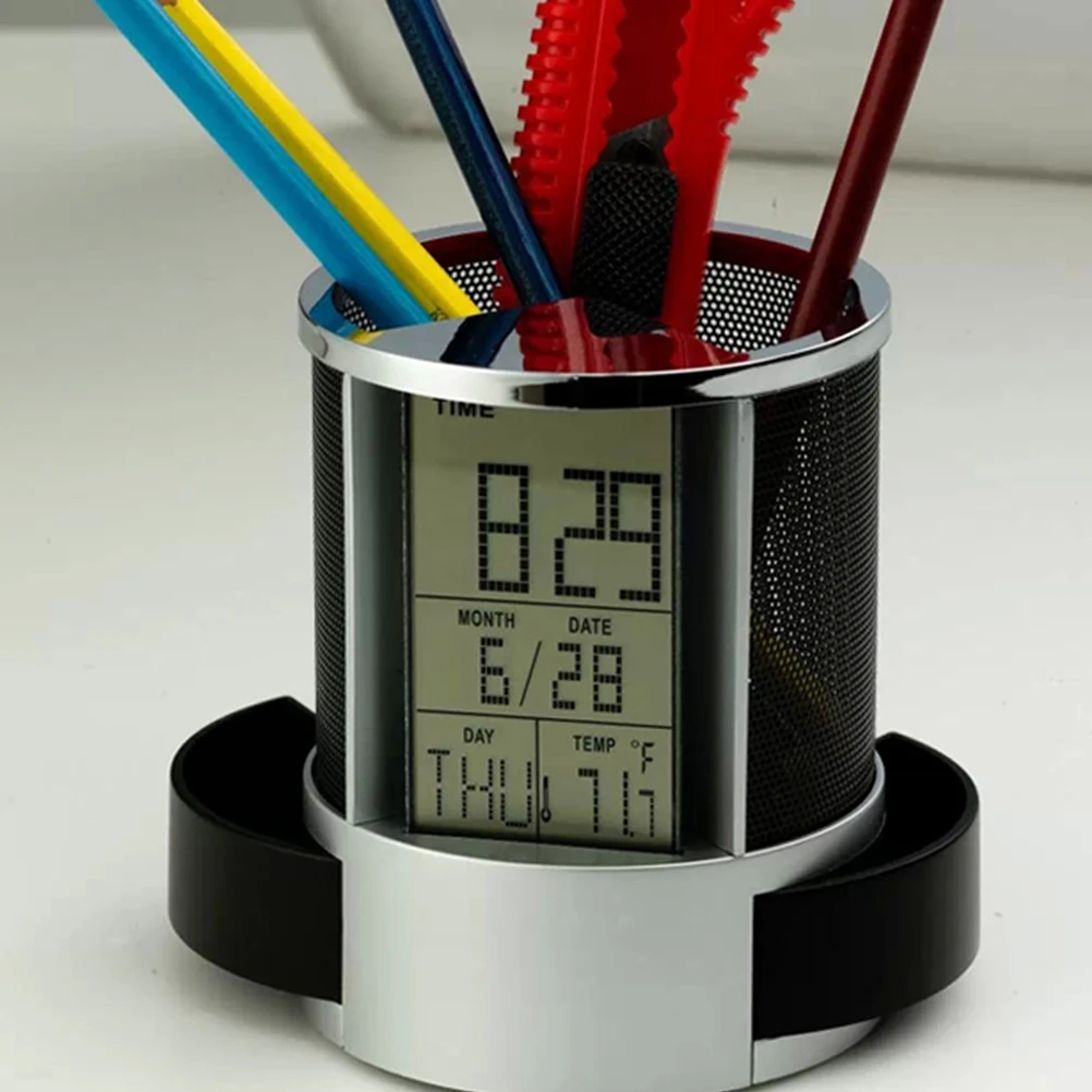 Electronic Clock Pen Holder Plastic Metal Multifunction Desk Organizer With Temperature Time Date Display Drawer Storage