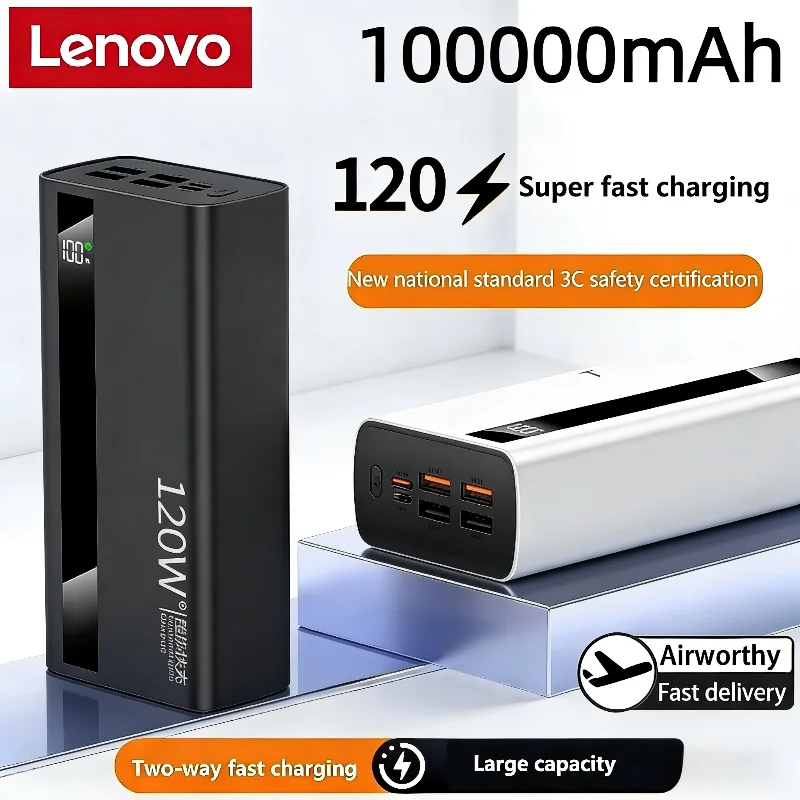 

Внешний аккумулятор Lenovo 100000 мАч, 120 Вт, быстрая зарядка, 4 порта USB, высокая емкость, с цифровым дисплеем, для iPhone, Samsung