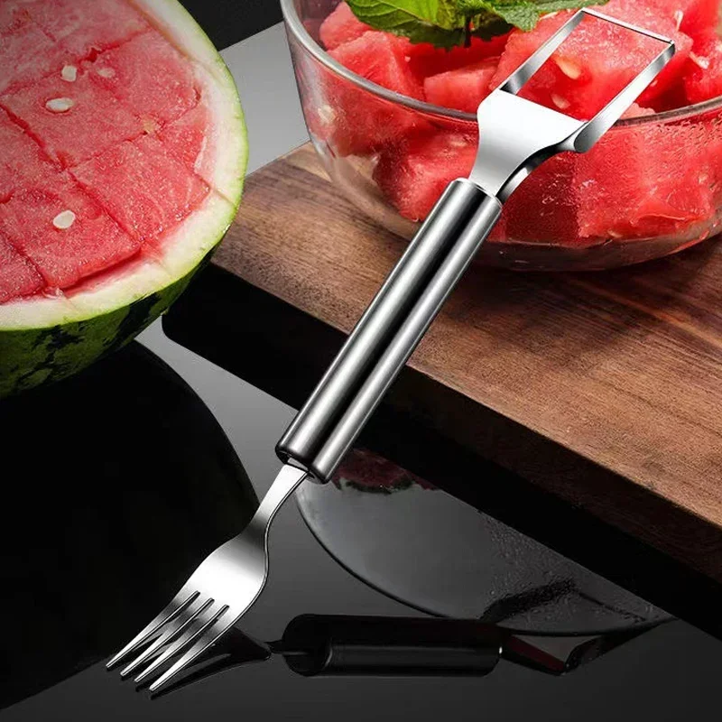 2-In-1 Watermelon Fork Slicer Watermelon Slicer Cutter Stainless Steel Fruit Fork Fruits Tools for Kitchen Family Party Camping
