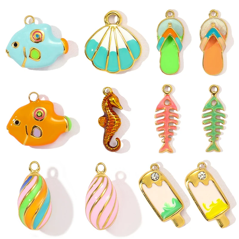 

10pcs/lot Jewelry AccessorDIY Stainsteel Steel Shell Seahorse Pendant fan and carp Charms Phone Shell Pendant For Necklace