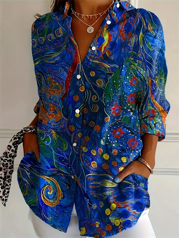 

2025 New Ladies Fashion Printed Shirt Spring Summer Big Size Women's Shirt Ladies Comfortable Casual Lapel Button Down Shirt