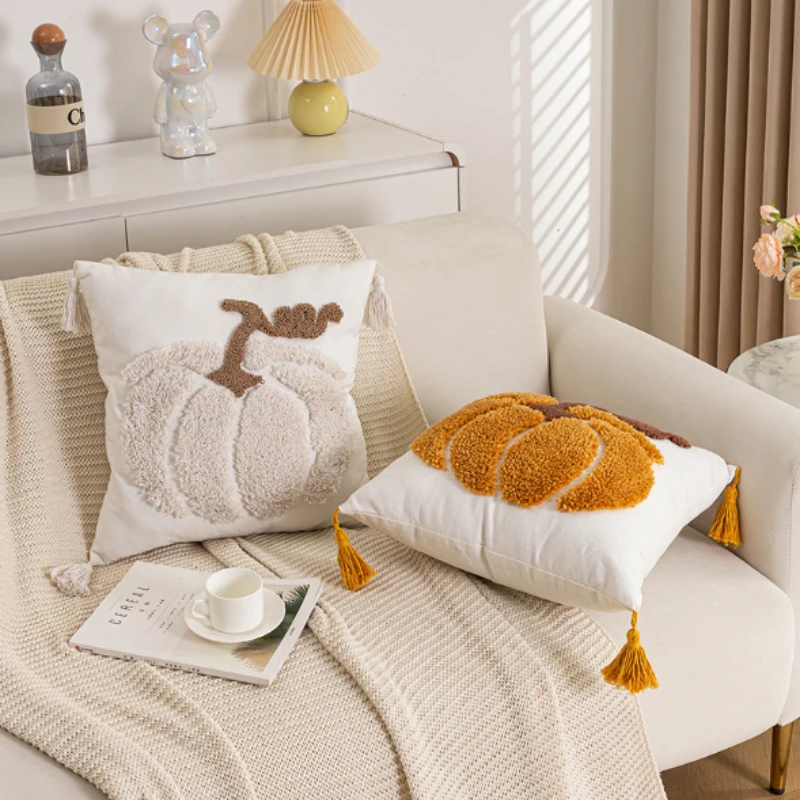 Pumpkin Tufted Cushion Cover Cotton Canvas Plush Embroidered Pillowcase Boho Tassel Pillow Covers Decorative Living Room Sofa