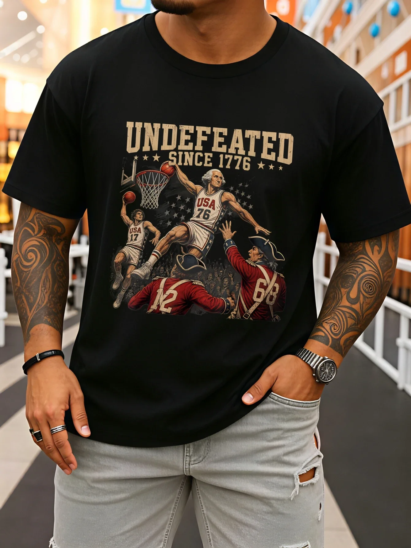 Men's Undefeated Since 1776 Patriotic T-Shirt - 100% Cotton Fade-Resistant Round Neck Tee with Undefeated Suitable for 4th of July, Casual Wear & Daily Outfits, Machine Washable Pride for Year-Round