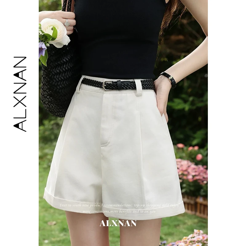 ALXNAN Women's Shorts White High Waist Wide Leg Cuffed Hem Loose-fit Shorts Casual Summer Elegant Baggy Short Pants 2026 L63829