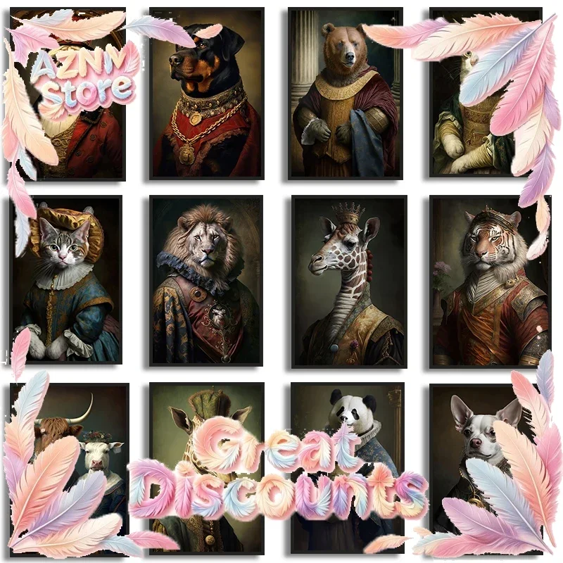 (2D canvas painting)  Renaissance European Aristocrat  Giraffe Tiger Highland Cow Cat Tiger Dog Poster Print Canvas Painting