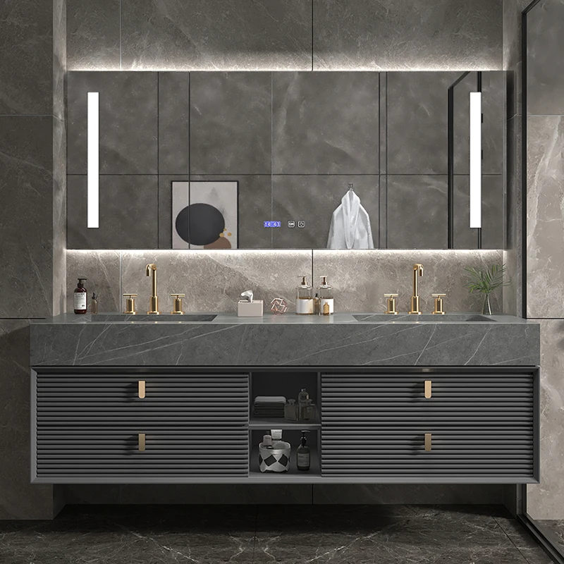 Light Luxury Modern Slate Kit Bathroom Mirror Lamp Cabinet Sink Faucet One-piece Double Basin Oak Combination Solid Wood Wash Ha