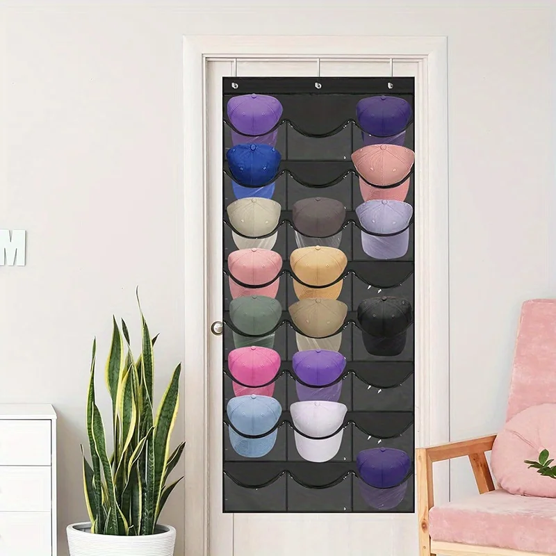 24-Pocket Over-The-Door Hat Organizer | Heavy-Duty Baseball Cap Rack for Storage & Display | Space-Saving Wall/ Cabinet Hanger