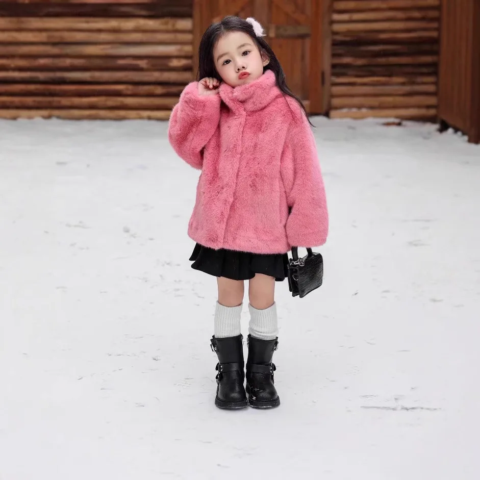 Girls fur integrated imitation mink velvet fur jacket stand-up collar girls thickened short children's winter clothing