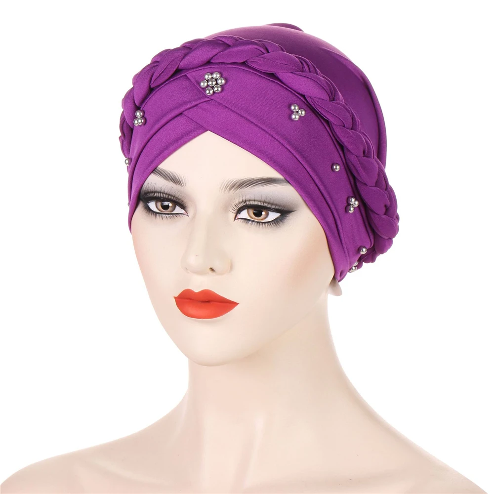 Turbante trenzado con cuentas para mujeres musulmanas, gorro de quimio, Hijab, pañuelo para la cabeza, gorro para la pérdida de cabello, sombreros para el cáncer, Turbante indio