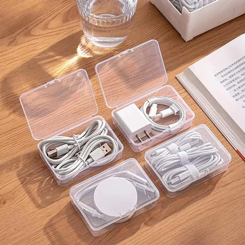 The Transparent Plastic Data Cable Storage Box Household Cable Mobile Phone Charger Charging Cable Finishing Box Divided Grid Bo