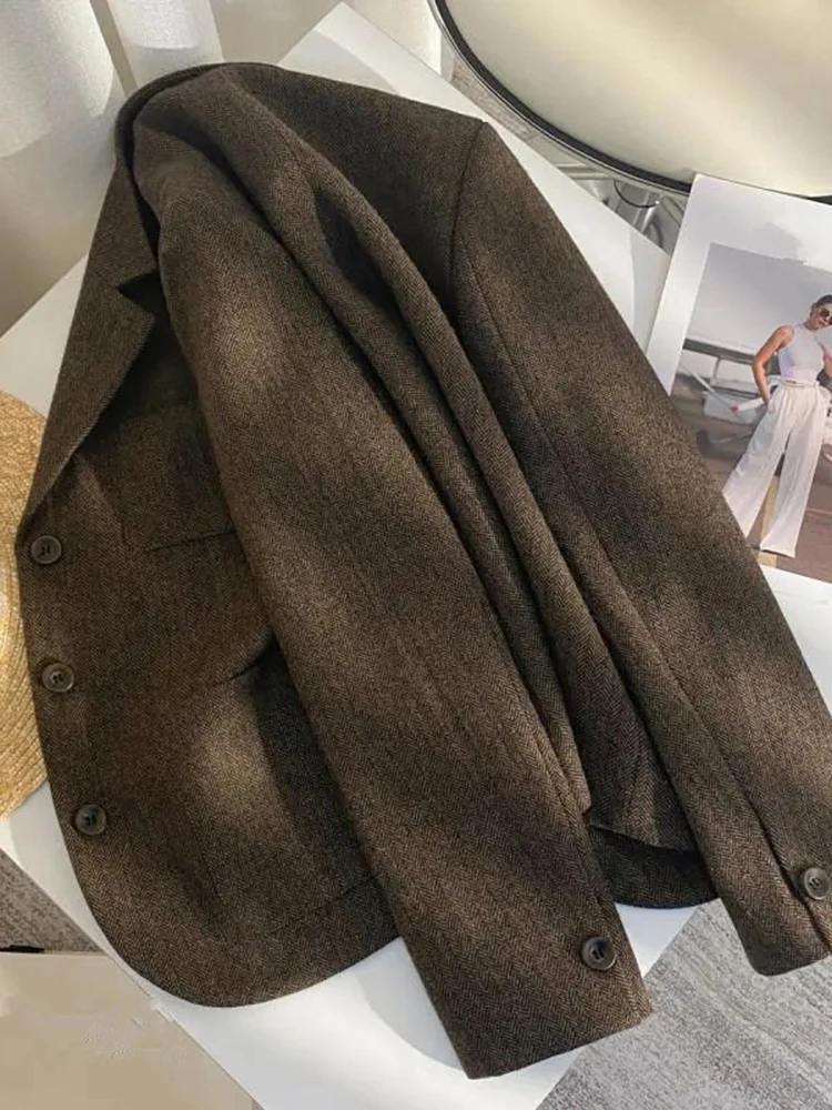 Jmprs inverno falso lã blazer feminino vintage fino manga longa harajuku terno casaco casual americano retro simples café outwear