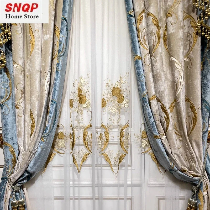 High-end Luxury Villa European-Americancurtains For Living Room And Bedroom Blackout Curtains Custom Blue Embroidered Curtain