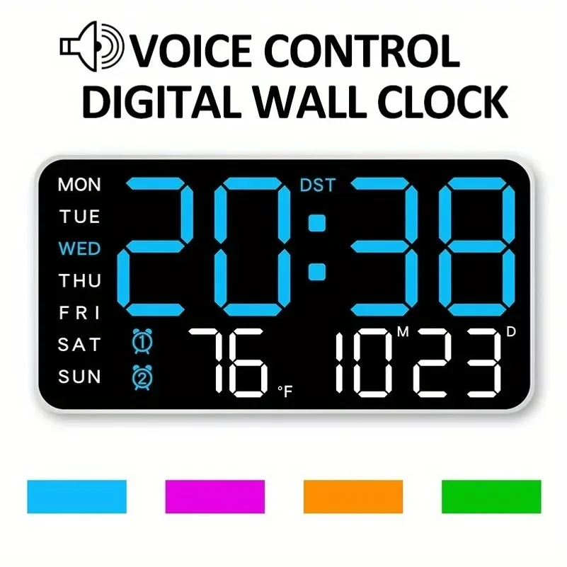 Multiple Color Options - Large Digital Wall Clock with LED Display, Date, Temperature, Living Room, Bedroom Timer