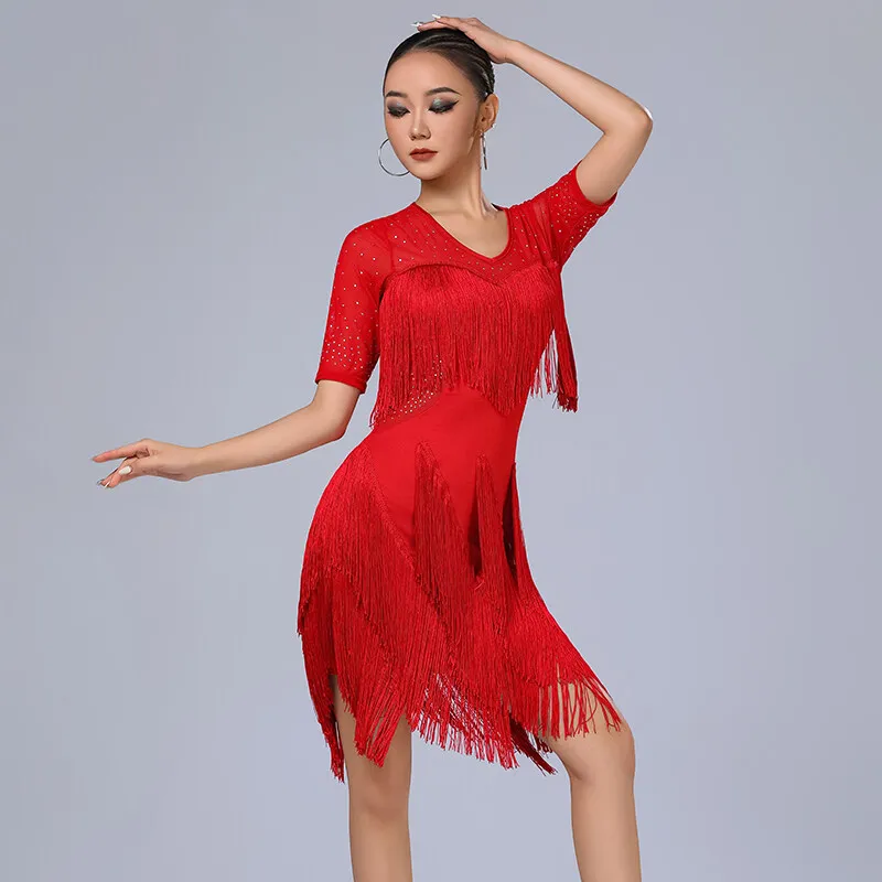 Latin Dance Clothing Women Milk Silk Half-Length Sleeves Hot Diamond Multi-Layer Tassels