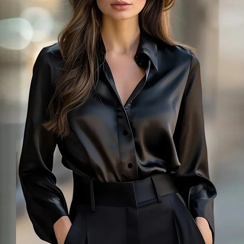 

Новая рубашка с длинным рукавом, женская модная блузка с отложным воротником и пуговицами, женские повседневные шелковые топы, женская атласная рубашка, синий, черный