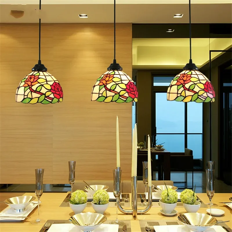 Vintage Chandelier European Pastoral Rose Lampshade Light For Living Room Dinning  LEDStained Glass Lightings