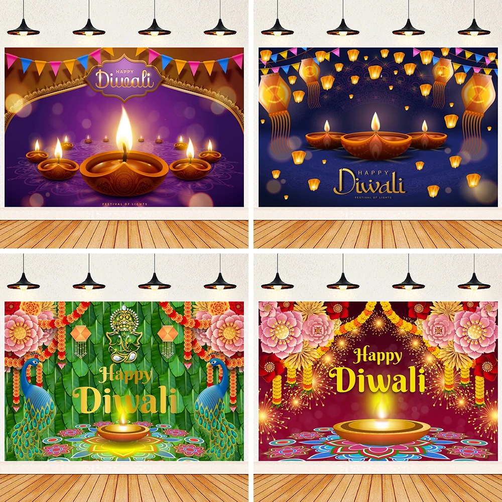 Indian Diwali Festival Background Burning Ghee Lanterns Purple Marigold Peacock Sky Lantern Prayer Background Photo Studio Props