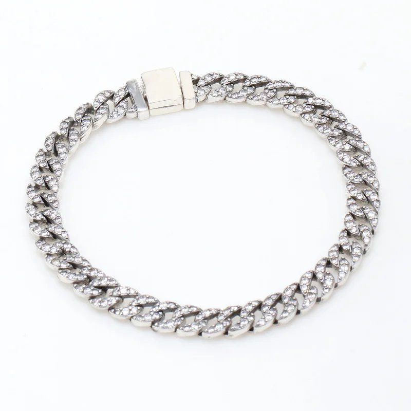 925 sterling silver Cuban chain light luxury zircon couple bracelet, retro high-end, fashionable and versatile temperament brace