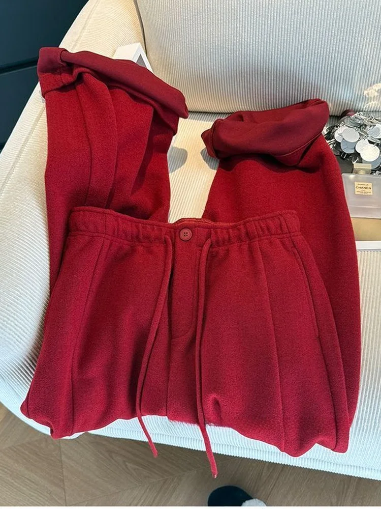 

Женские шерстяные повседневные брюки больших размеров, свободного кроя, красные, модные, на Новый год, осенне-зимние, универсальные, длинные