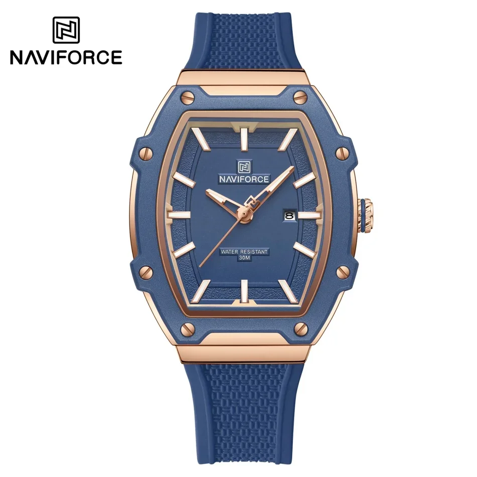 

NAVIFORCE NF8069 женские классические циферблаты из сплава, водонепроницаемый ночник, дисплей, силиконовые кварцевые повседневные часы в форме бочки для вина