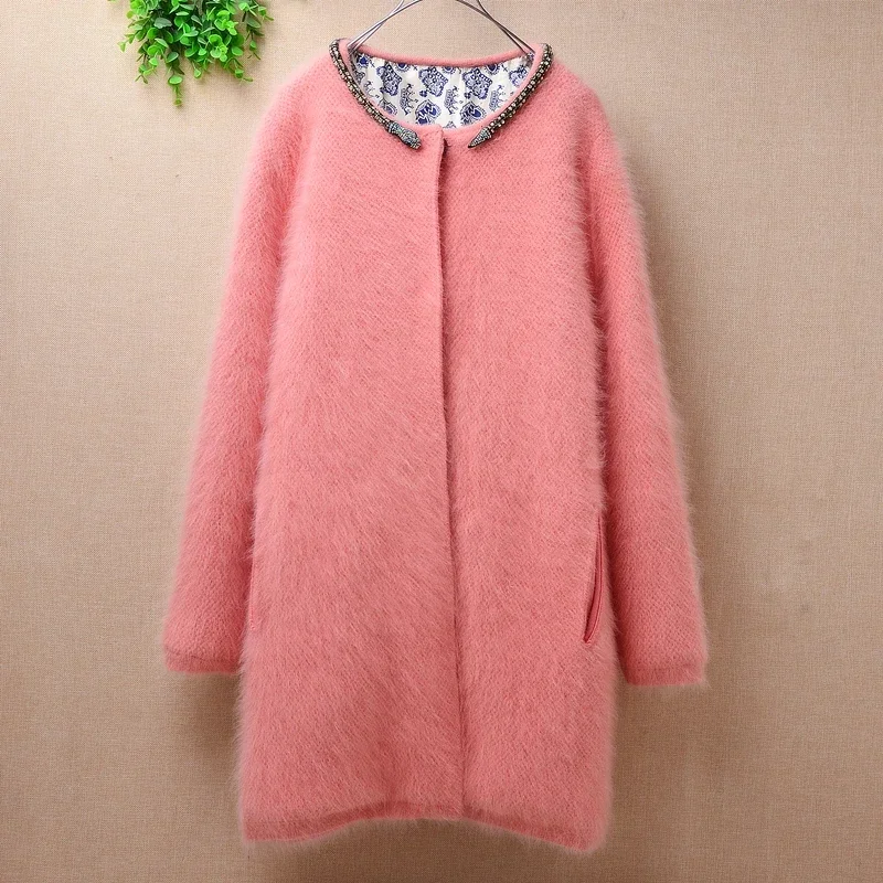 Hot 2020 women femme sweet coat medium-long pink jacket with pockets Angora rabbit fur knitted sweater warm thick coat 1.22kg