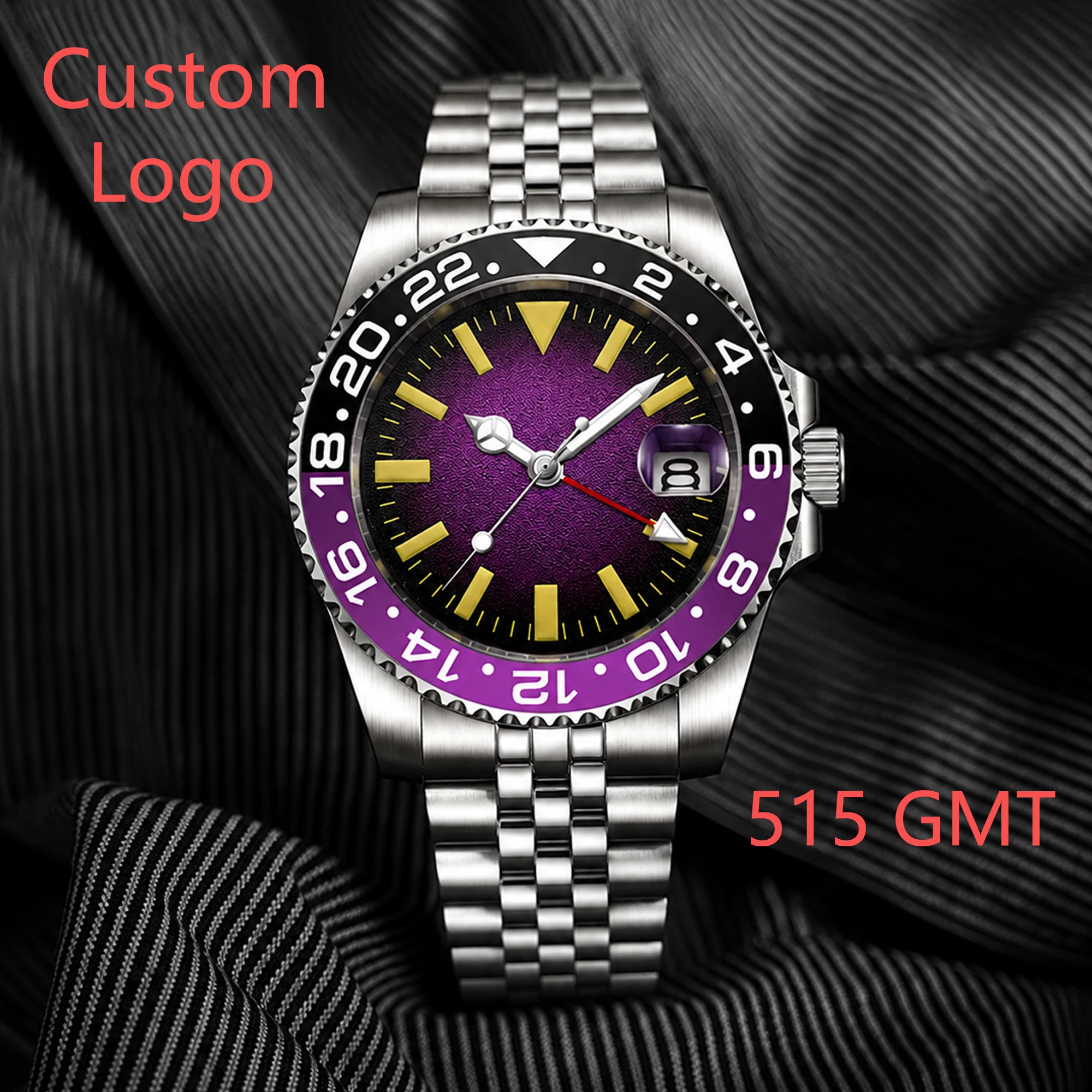 Custom Logo 40mm Men GMT Swiss Ronda 515-24 Quartz Wristwatch 10Bar Waterproof 316L Stainless Steel Sapphire Glass Reloj Hombre