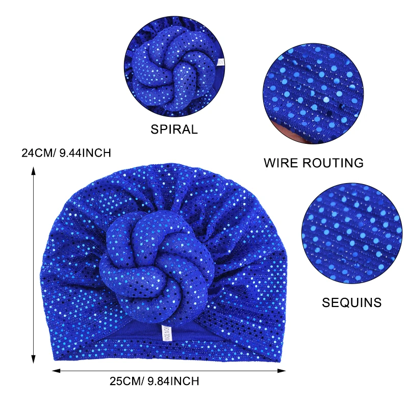 New Women Sequin Large Plate Flower Turban Cap Vintage Elastic Pre-Tied Twisted Knot Head Wrap Beanies Chemo Cap