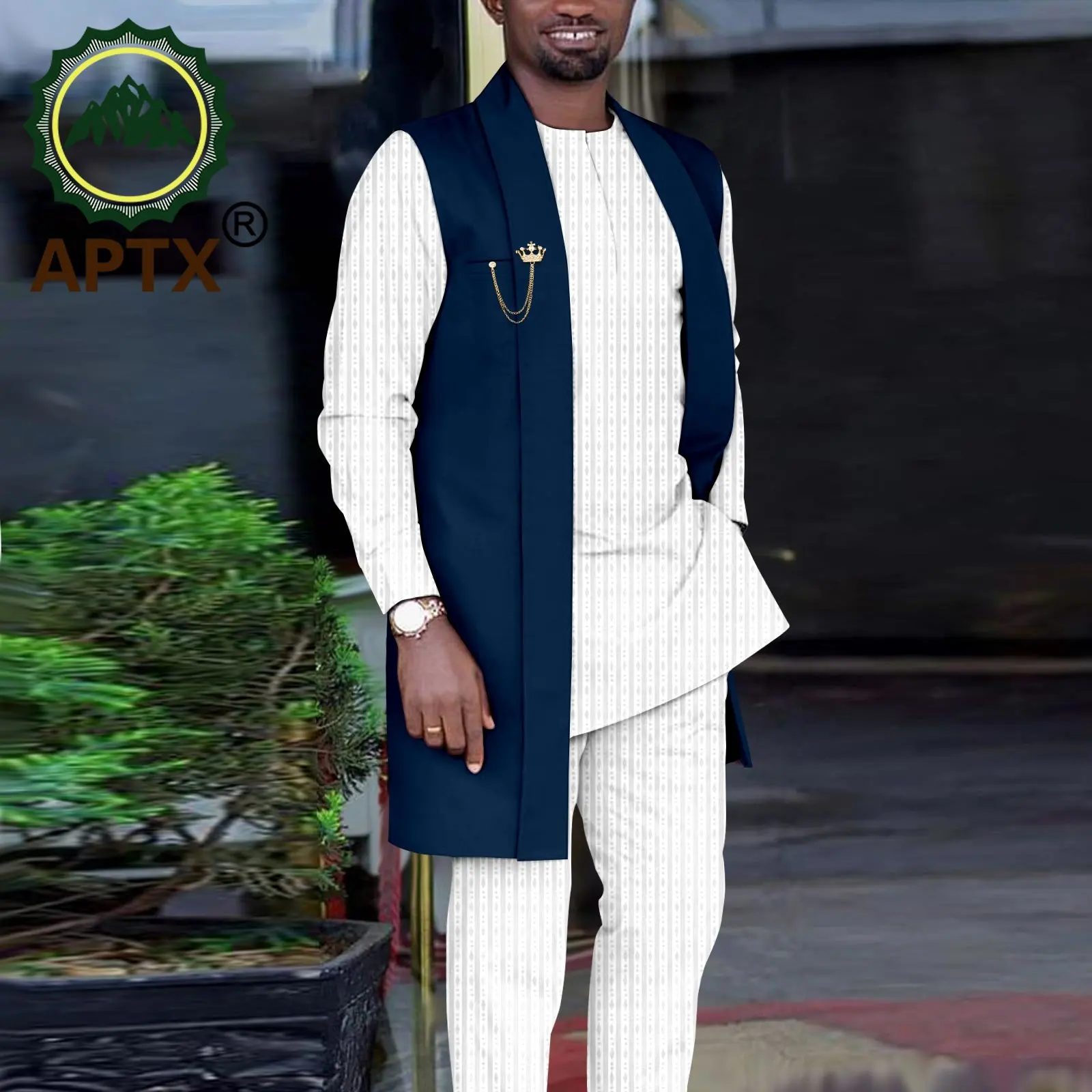 APTX African Men\'s Tribal Outfits 3 Pieces Casual Set Long Jacket & Shirt & Pants Traditional Wedding Cloth TA2216140