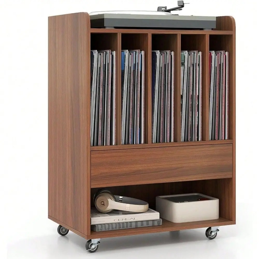 

Player Stand On Wheels, Rolling Turntable Stand With 5 Compartments, Drawer Open Shelf, Vinyl Display Shelf Storage Cabinet For