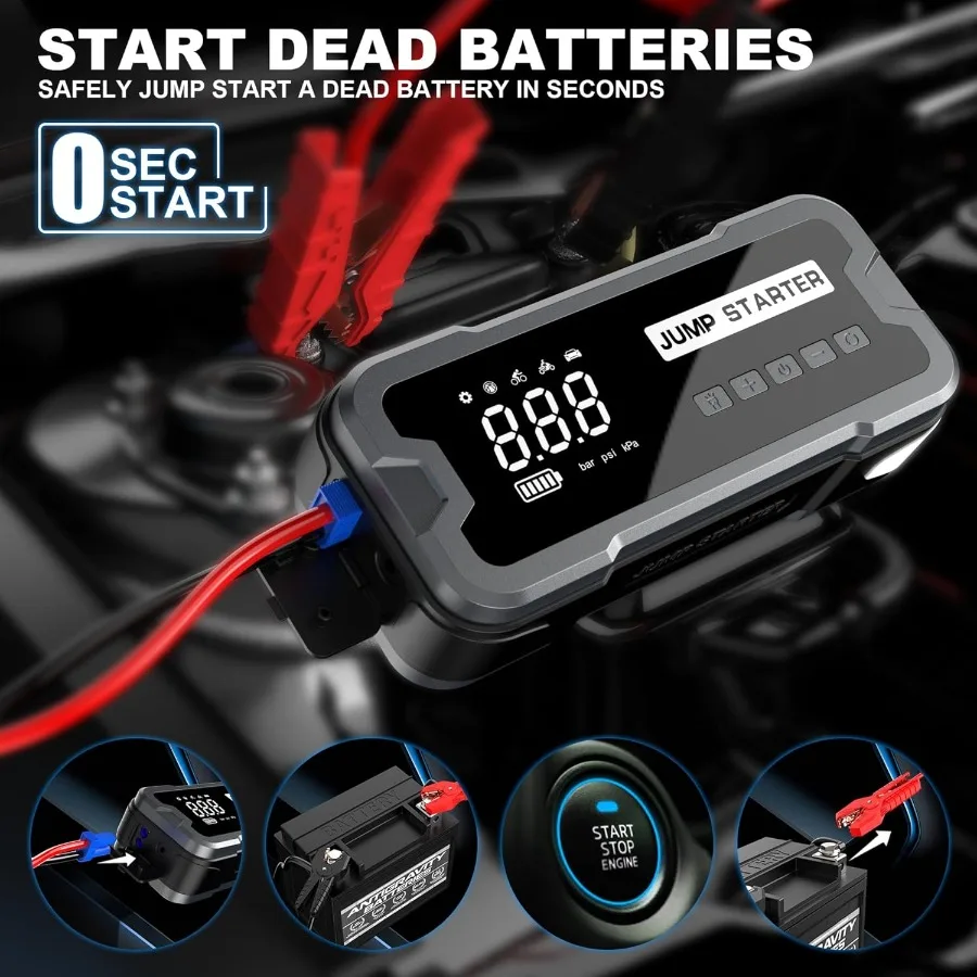 4-in-1 Portable Car Battery Jump Starter with 150 PSI Air Compressor 24000 mAh Power Bank 3 Brightness Modes Flashlight for Gas
