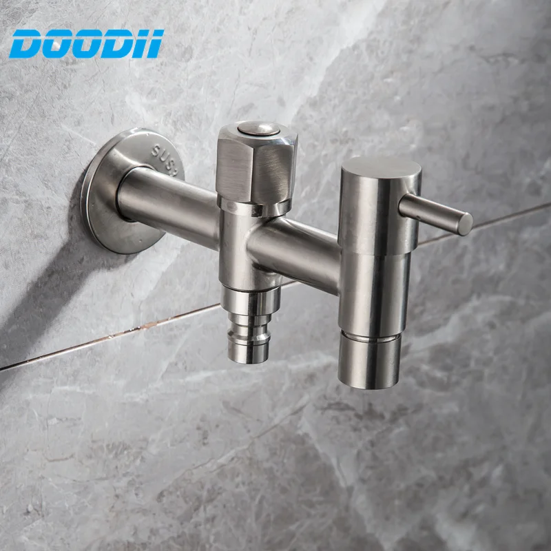 Wall Mount 304 Stainless Steel Double Using Holder Brushed Washing Machine Faucet Mop Pool Tap Practical Small Water Bibcock