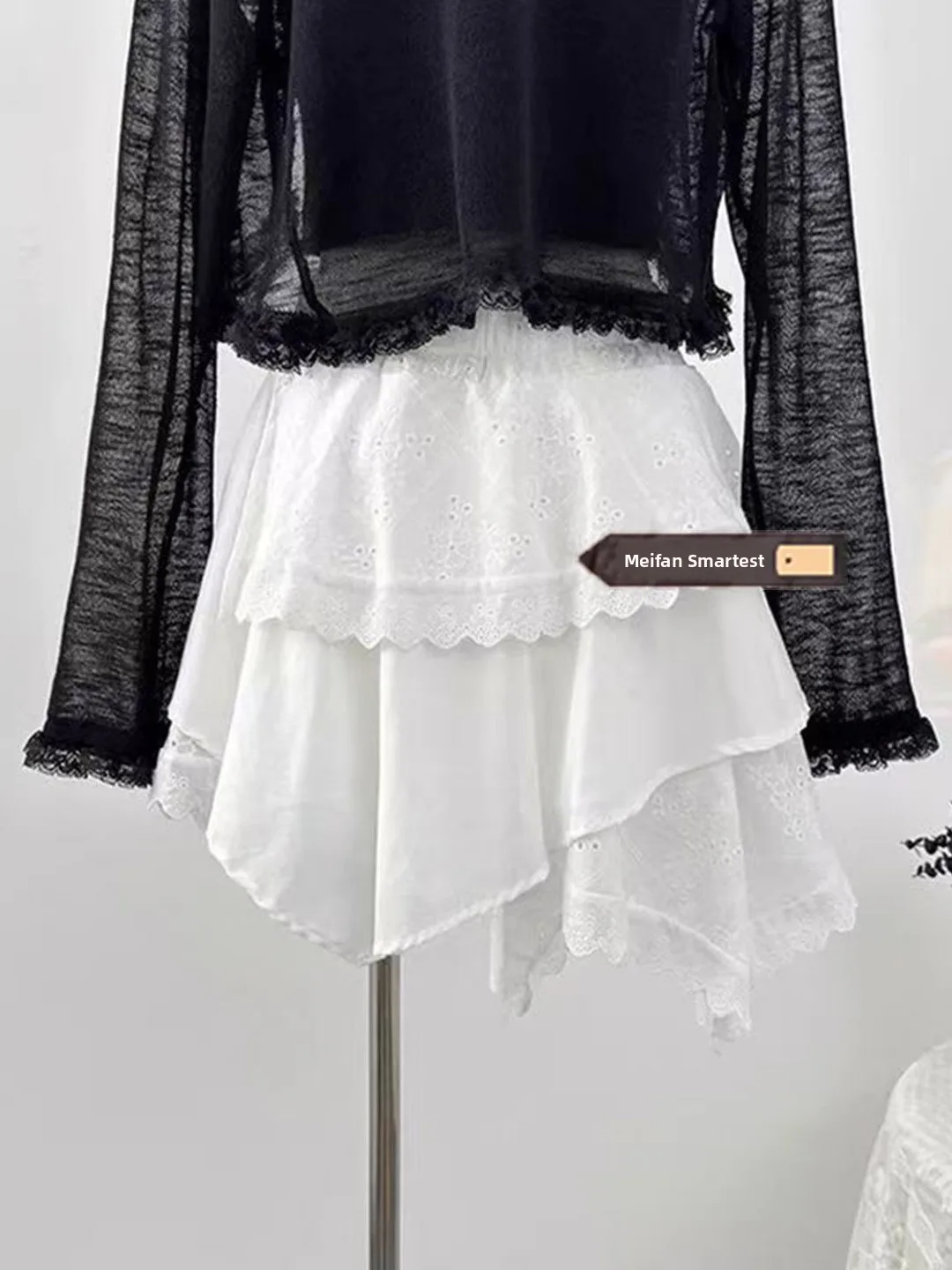 Ballet Style White Cake Skirt Half-length Women's Summer Spicy Pure Desire Hollow out Belted Asymmetrical Puffy Short Skirt