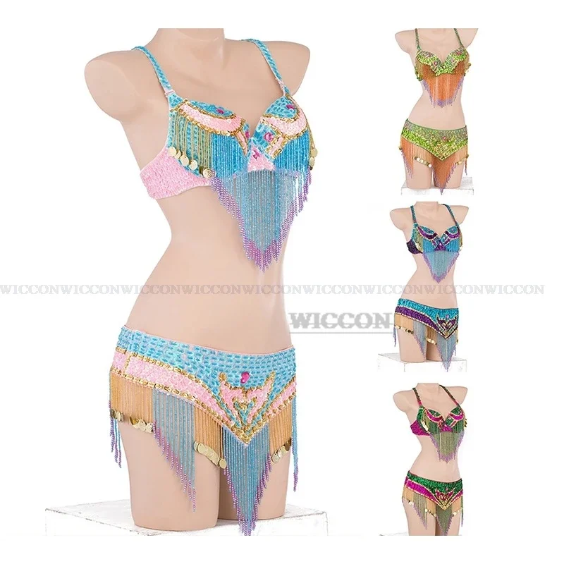 Sujetador de cinturón de Suite de danza del vientre para mujer, conjunto de 2 piezas, disfraces de Samba, sujetador Sexy de Club, tamaño de sujetador, acepta cualquier tamaño, 4 colores, sujetador de cadera de danza del vientre