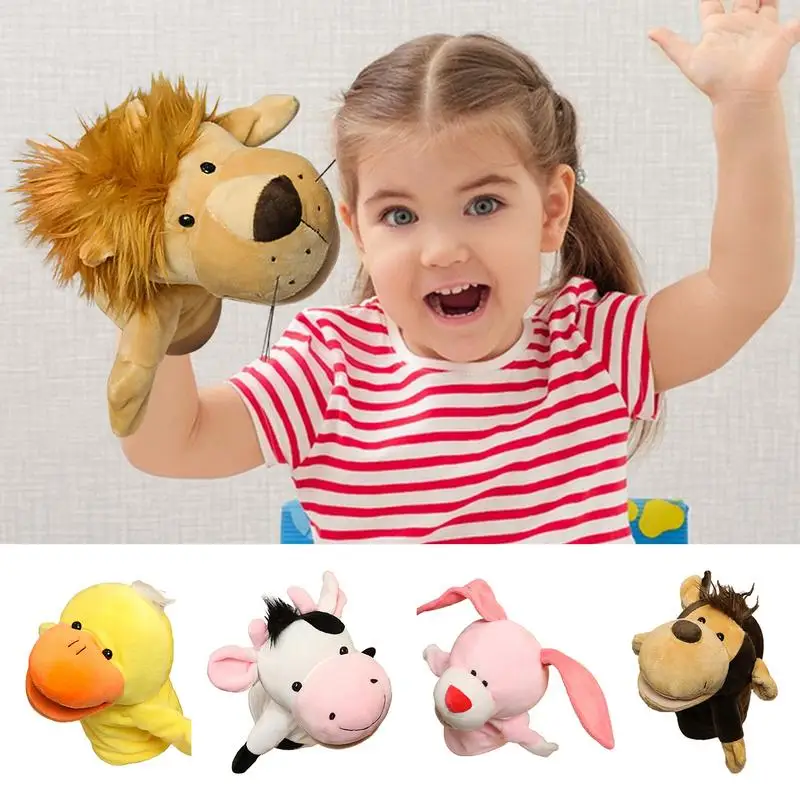 Juguetes de animales de peluche para niños, marionetas de mano, historia de dedos, muñecas Kawaii, juguetes educativos, León, conejo, mono, vaca, pato, regalo