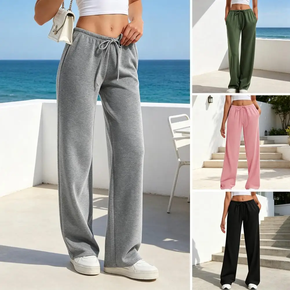 Summer Women's Wide-Leg Track Pants Loose Low-Rise Drawstring Elastic Waist Solid Color Pants With Pockets