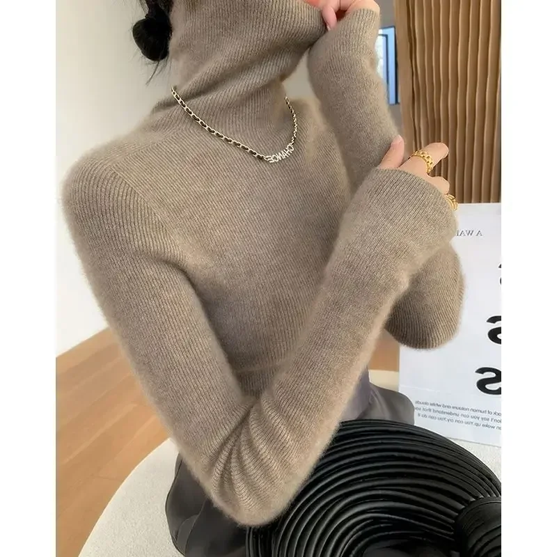 Women Sweater Winter Cashmere Turtleneck Warm Knitwear Korean Casual Solid Bottoming Shirt Fashion Knit Pullovers Brown Sweater