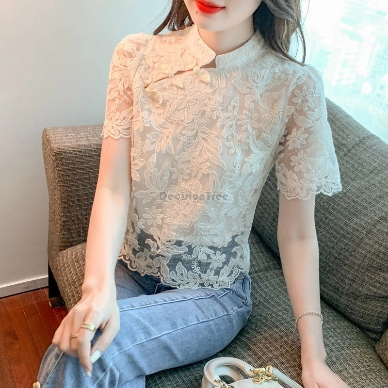 2024 vintage fashionable versatile qipao top exquisite floral jacquard temperament blouse stand collar diagonal buckle lace top