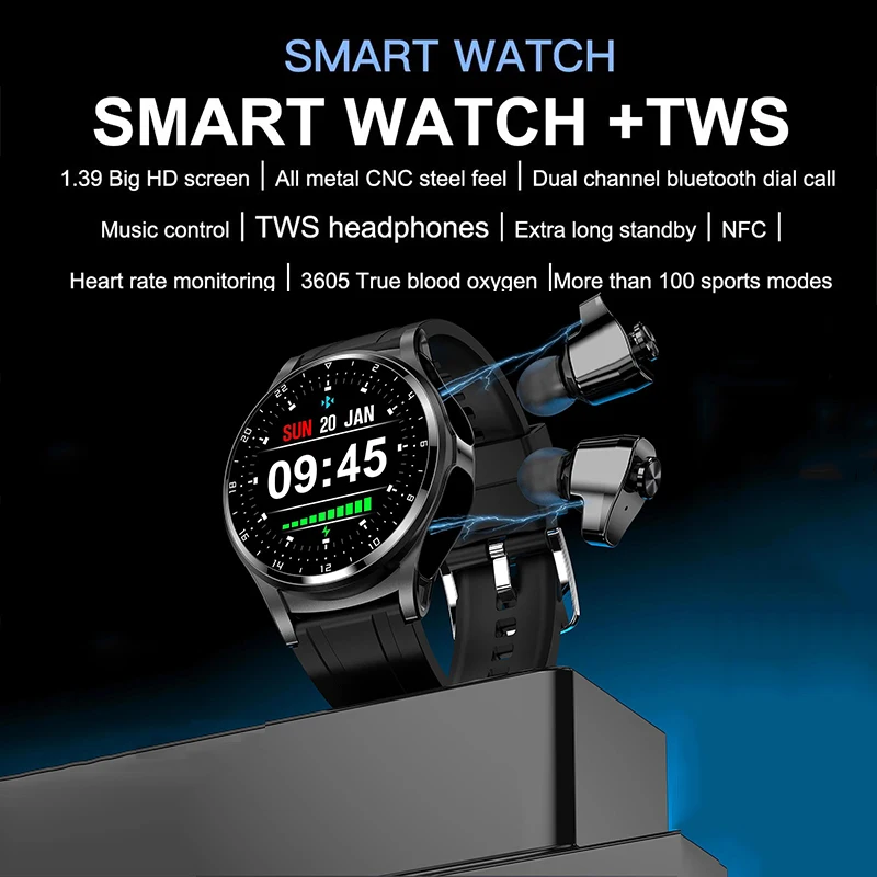 

New Smart Watch 2 in 1 TWS Bluetooth Call Headset NFC Fitness Tracker 100+ Sport Modes Music Waterproof Smartwatch For Men Women