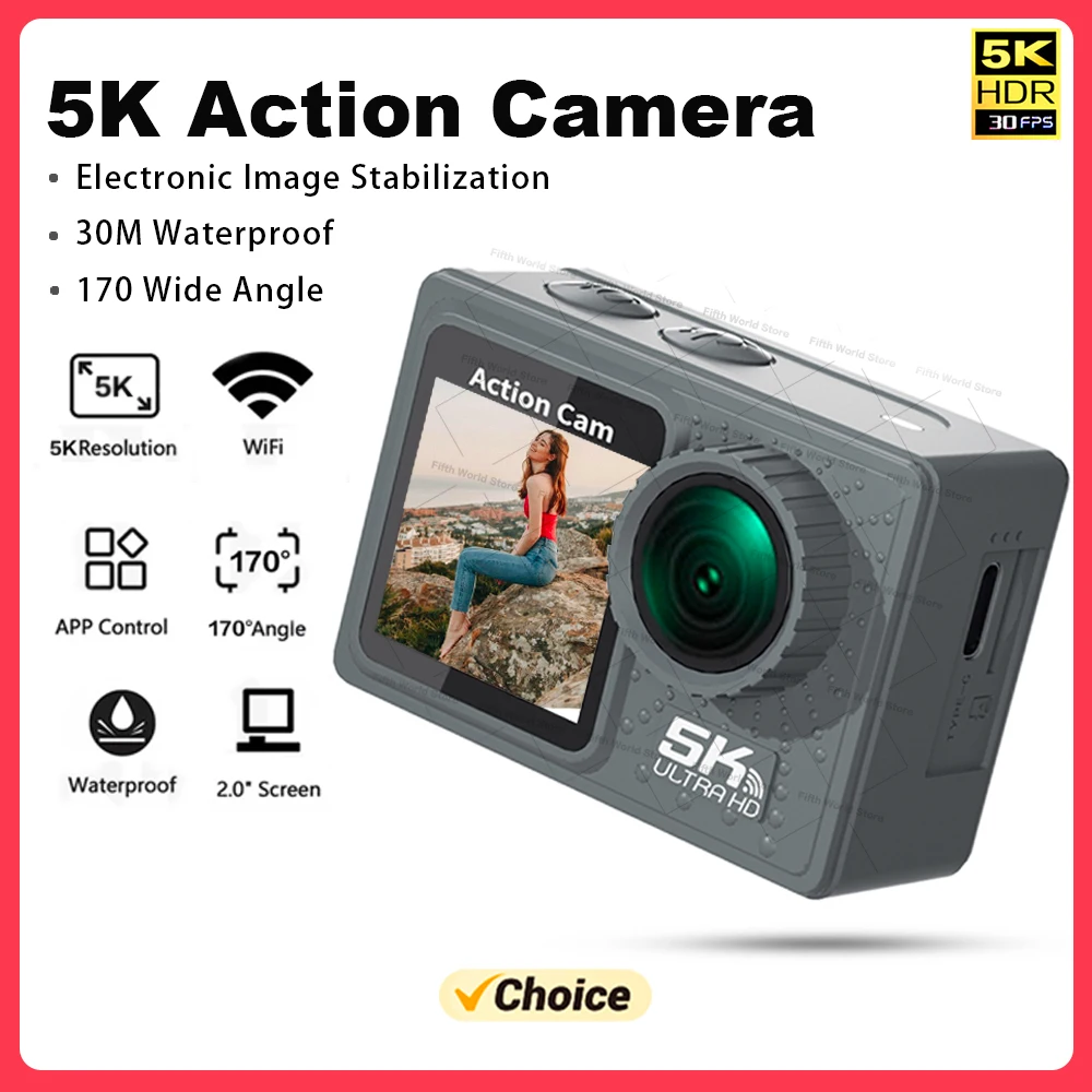 2024 NEW Action Camera 5K 4K 60FPS WiFi Anti-shake Dual Screen 170° Wide Angle 30m Waterproof Sport Camera with Remote Control