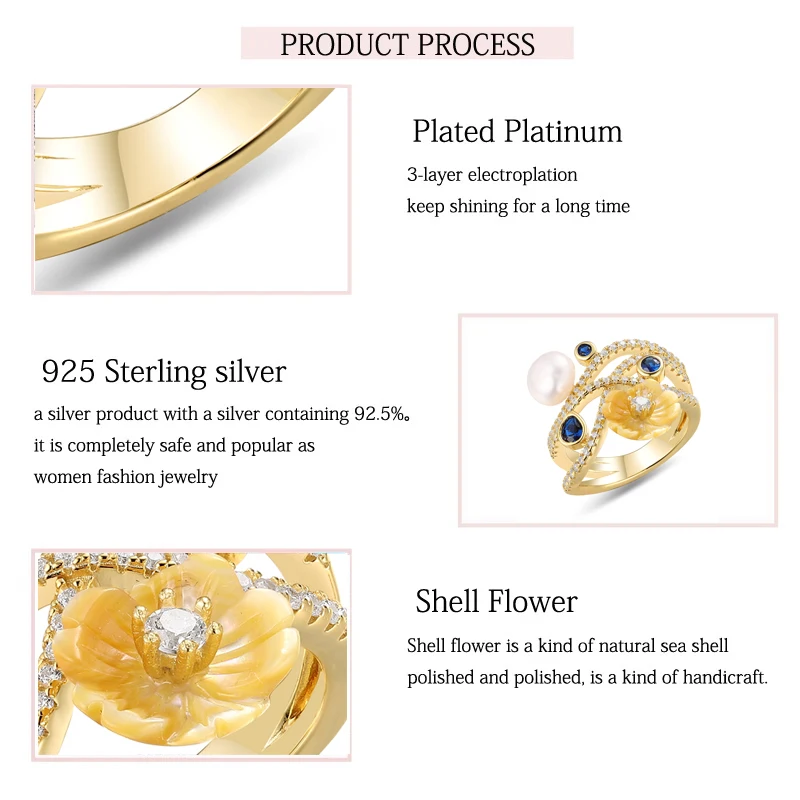 LAYA 925 Sterling Silver White Freshwater Bread Beads Fashion Natural Shell Flower New Ring Sapphire Zircon For Wedding Jewelry