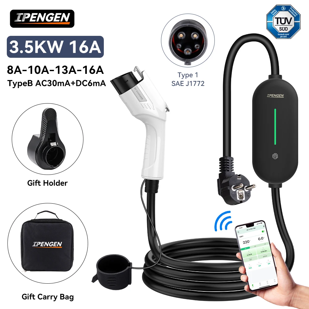 

IPENGEN TUV Portable EV Charger 3.5KW Type1 SAE J1772 APP Control EVSE Charger EU Plug Safety Certification for Electric Vehicle