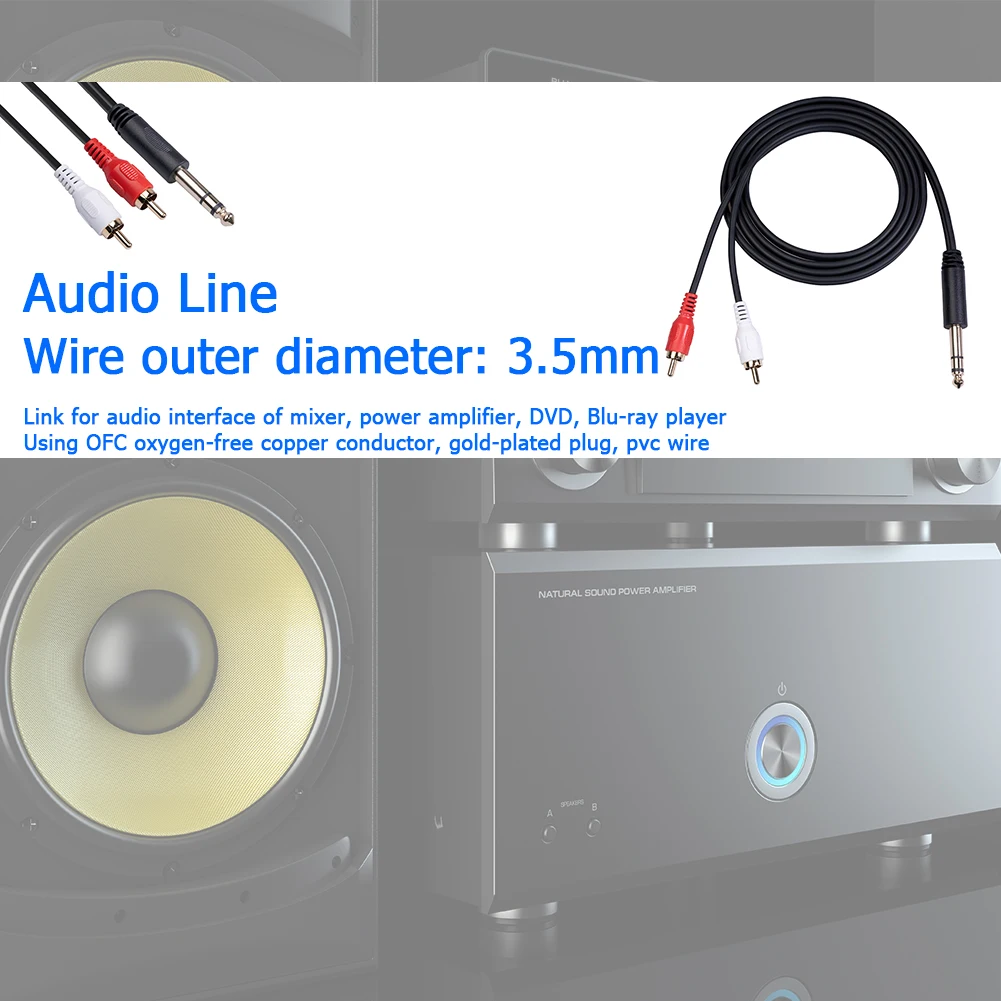 Dual RCA to 1/4 inch TRS Audio Cable for Mixer Power Amplifier DVD Blu-ray Player Gold-plated Plug Audio Cable