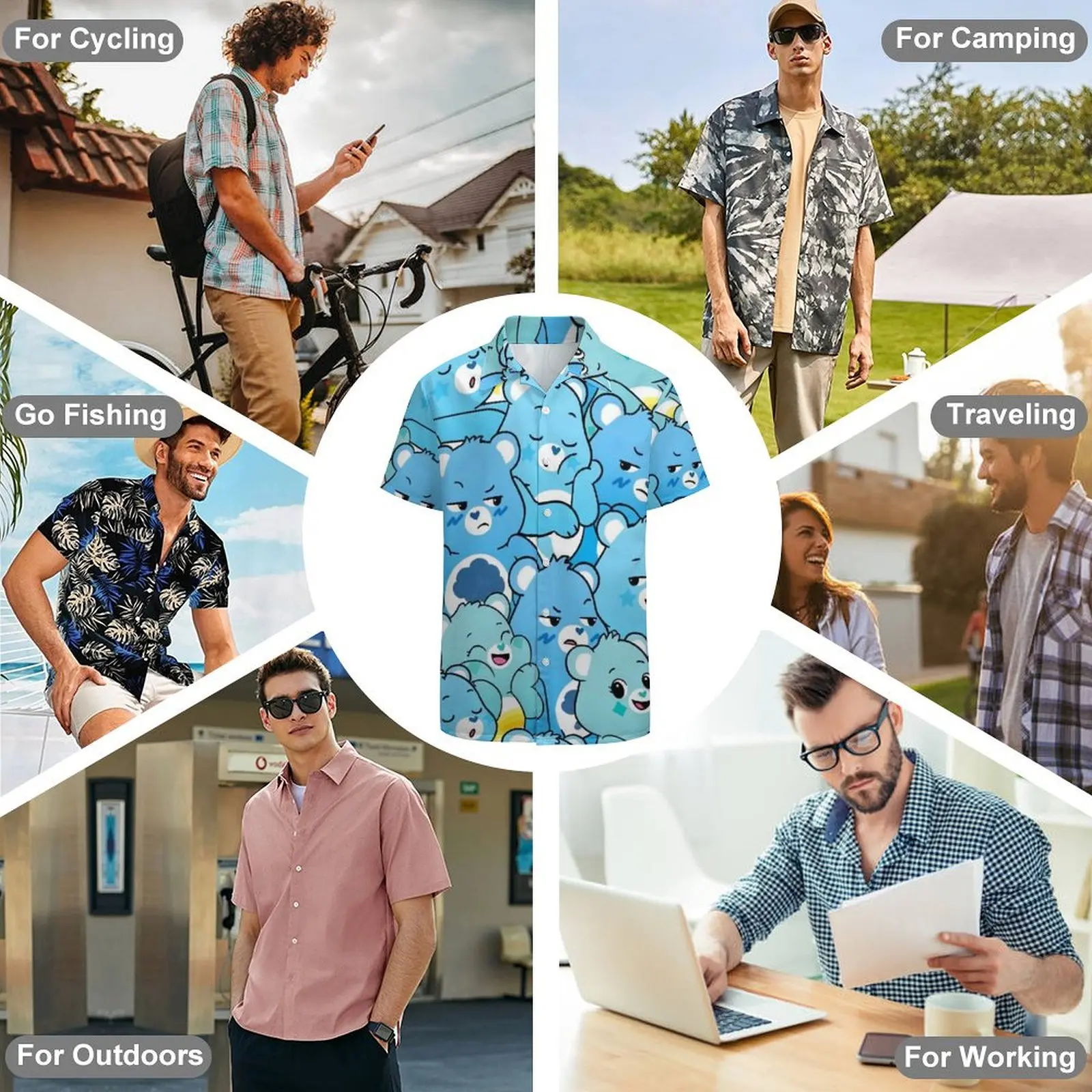 Summer Fashion 3d Cartoon Printing Loose Large Size Casual Solid Color Multi-Color Daily Wear Men Can Lapel Short-Sleeved Shirt