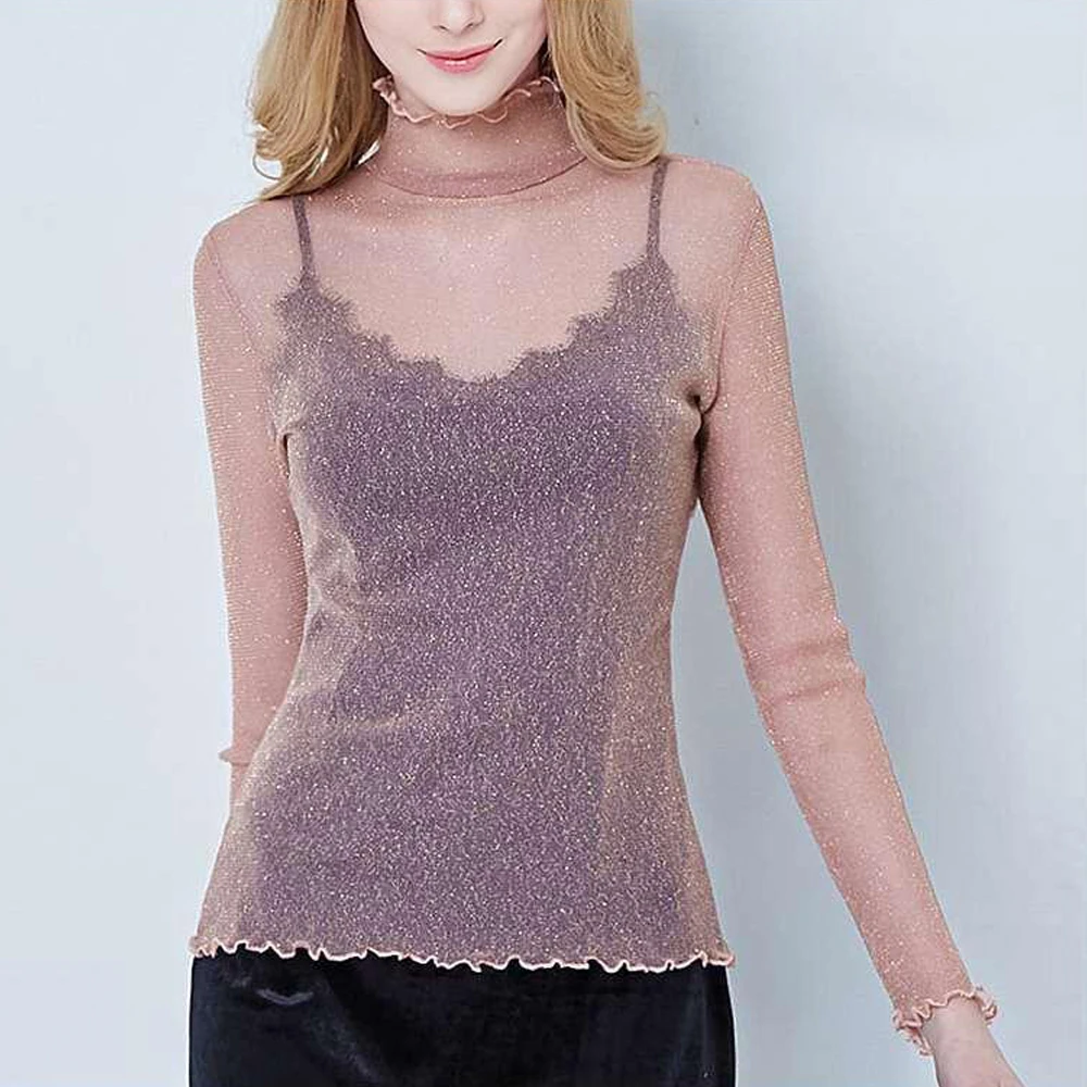 Bright Filament Knitted Transparent T Shirt See Through Turtleneck Blouse Female S-2XL Black White Pink Red Women Shirts Tops