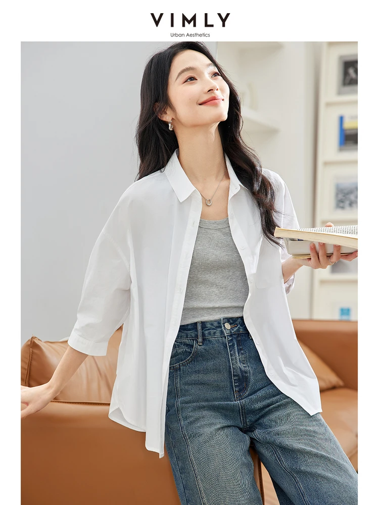 VIMLY Women's Casual Commuter T-Shirt Autumn New Chic Three Quarter Lapel Blouse Loose Cardigan Tops With Pockets