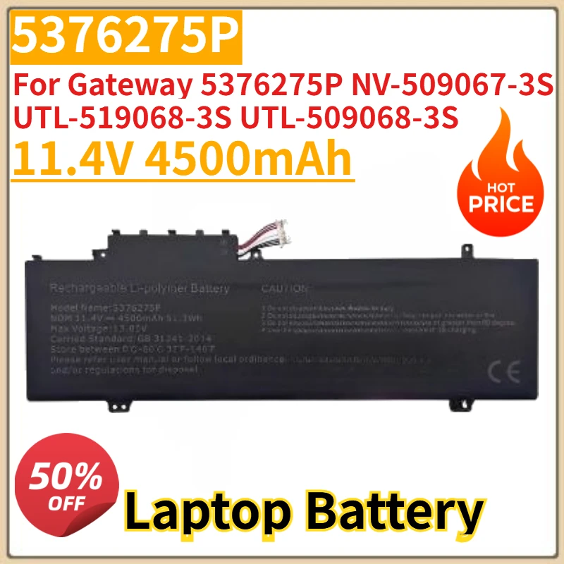 

High Quality New 11.4V 4500mAh 5376275P Laptop Battery for Gateway 5376275P NV-509067-3S UTL-519068-3S UTL-509068-3S