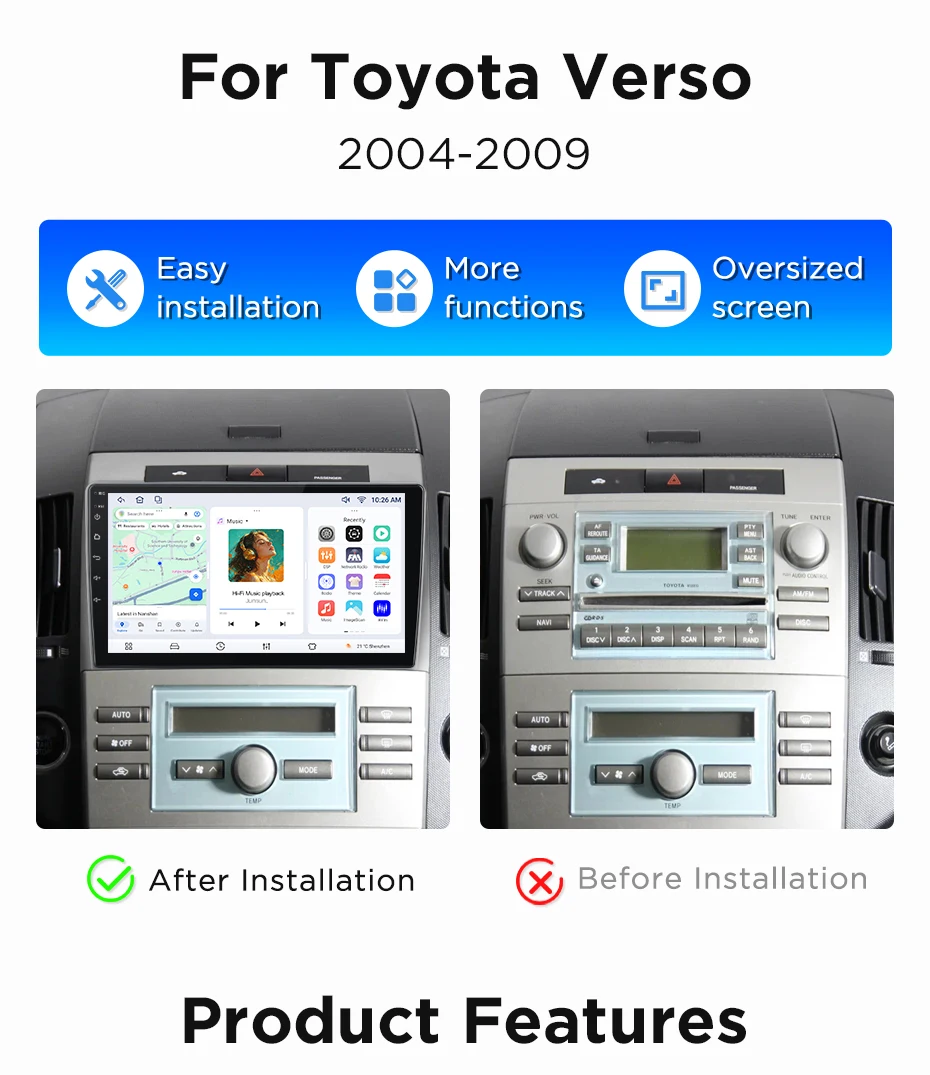 Junsun Wireless CarPlay Android Auto Autoradio für Toyota Corolla Verso 2004-2009 Auto-Intelligentes System DSP SWC RDS GPS FM BT – Detail 3