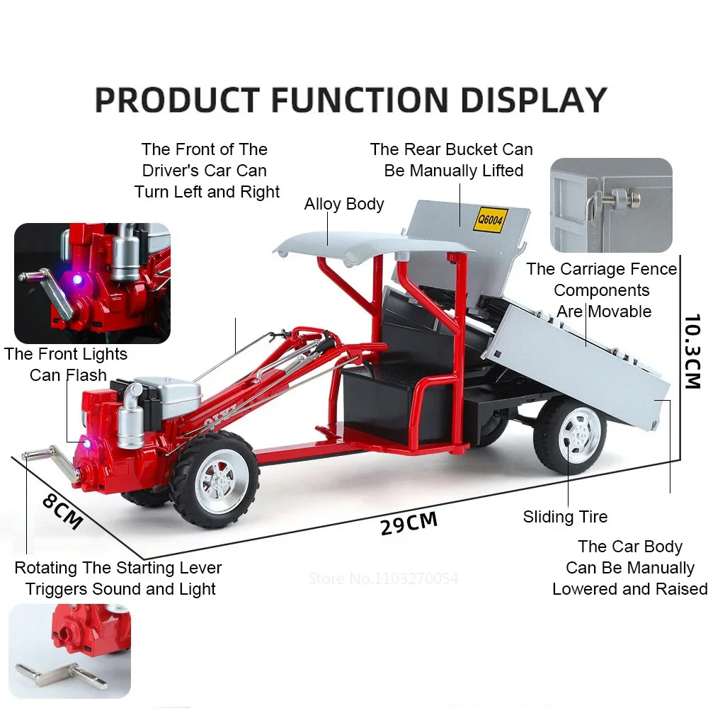 Scale 1/16 Walking Tractor Model Car Toys Diecast Alloy Hand Tractor Metal Body Rubber Tire Sound Light Toy Vehicle Gift for Kid