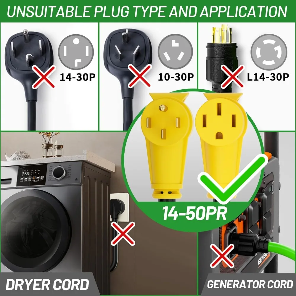 سلك تمديد 25 قدم 50 أمبير RV/EV، مقاوم للماء شديد التحمل مع مقبض قبضة، مرن 4 شقوق للاستخدام الخارجي، مدرج ETL
